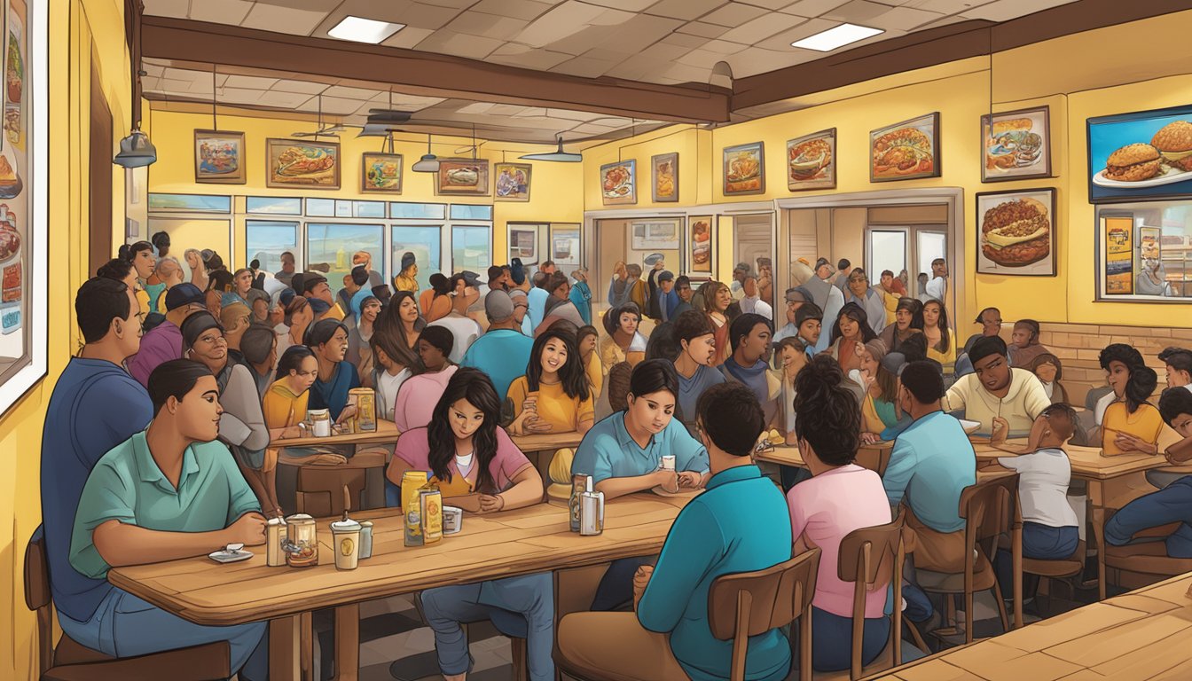 A crowded restaurant with a line of people waiting to order Church's Texas Chicken, with Selena Gomez's image displayed prominently on the wall