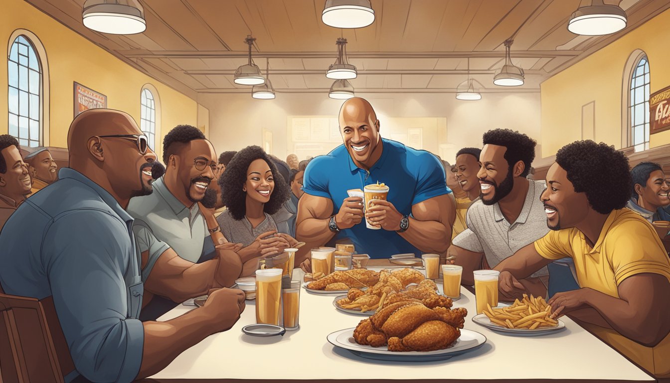 A group of people enjoying Church's Texas Chicken, with Dwayne Johnson's image displayed prominently