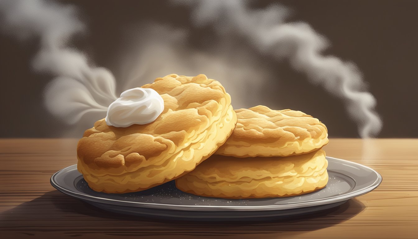 A golden, flaky biscuit surrounded by a halo of steam, with a pat of melting butter on top, sitting on a rustic wooden table