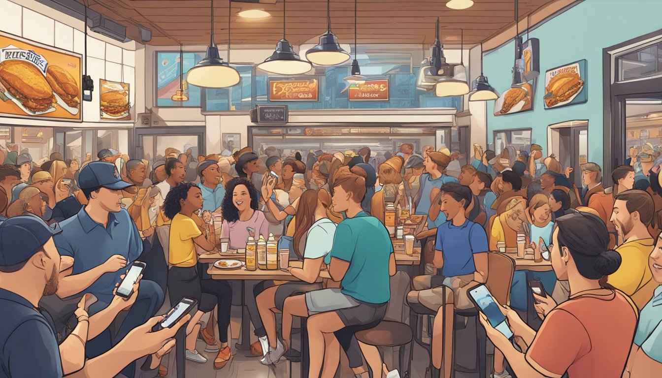 A crowded restaurant with Church's Texas Chicken signage, surrounded by excited fans holding smartphones and cameras, eagerly waiting for a glimpse of Taylor Swift