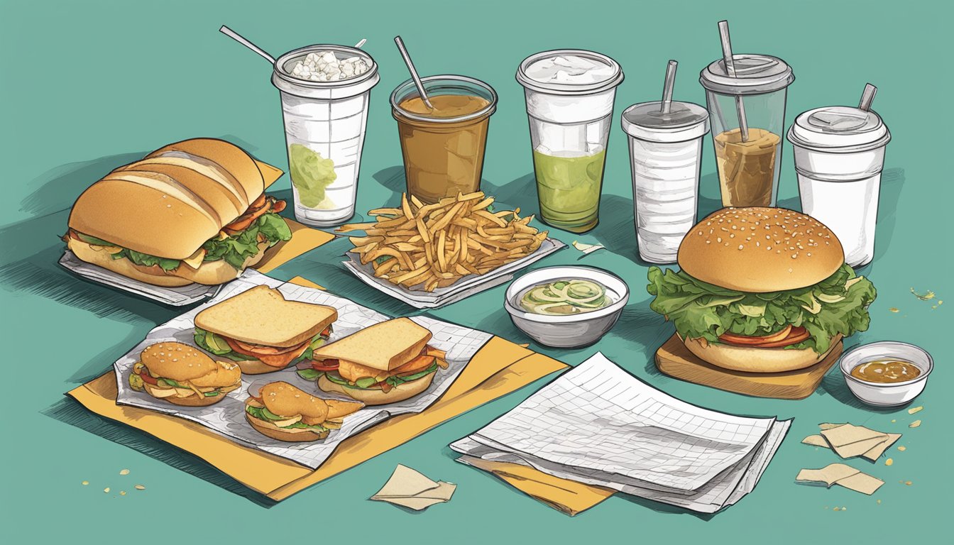 A cluttered table with various failed menu items, including chicken sandwiches, sides, and drinks, surrounded by discarded recipe papers and empty taste-testing cups