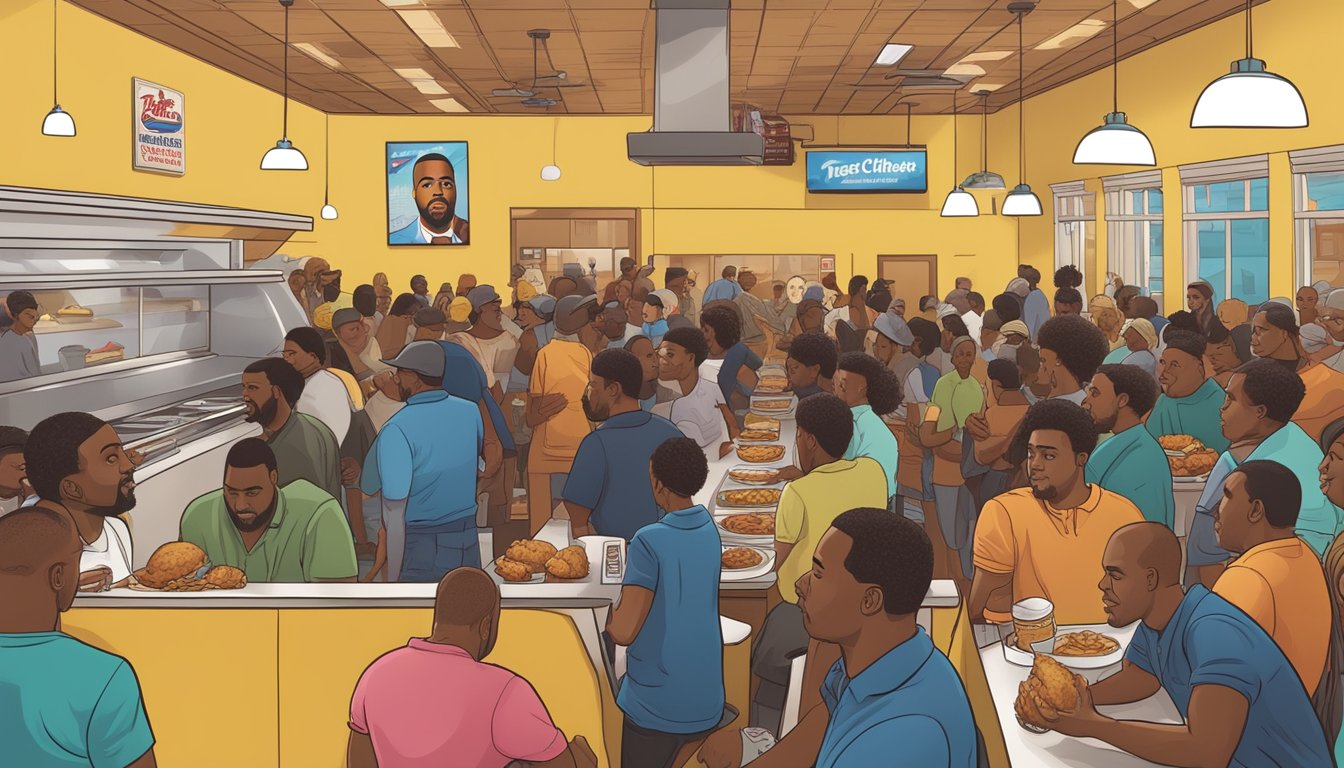 A crowded restaurant with a line of people waiting to order and enjoy Church's Texas Chicken, with Kanye West's face on a poster