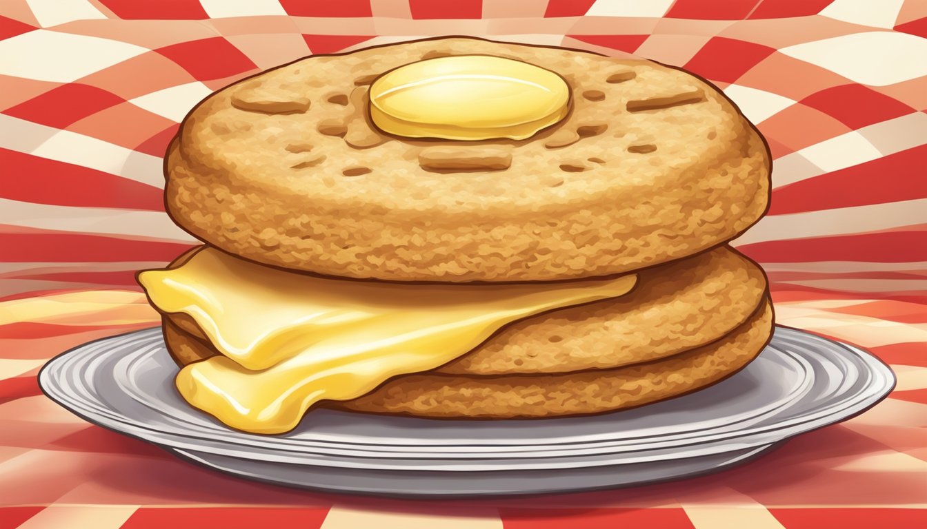 A golden-brown biscuit surrounded by a halo of steam, nestled on a checkered red and white paper wrapper, with a pat of melting butter on top