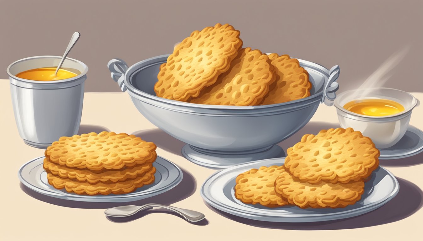 A table set with a basket of flaky, golden biscuits emitting a mouthwatering aroma. Butter and honey sit nearby, ready to enhance the legendary treat