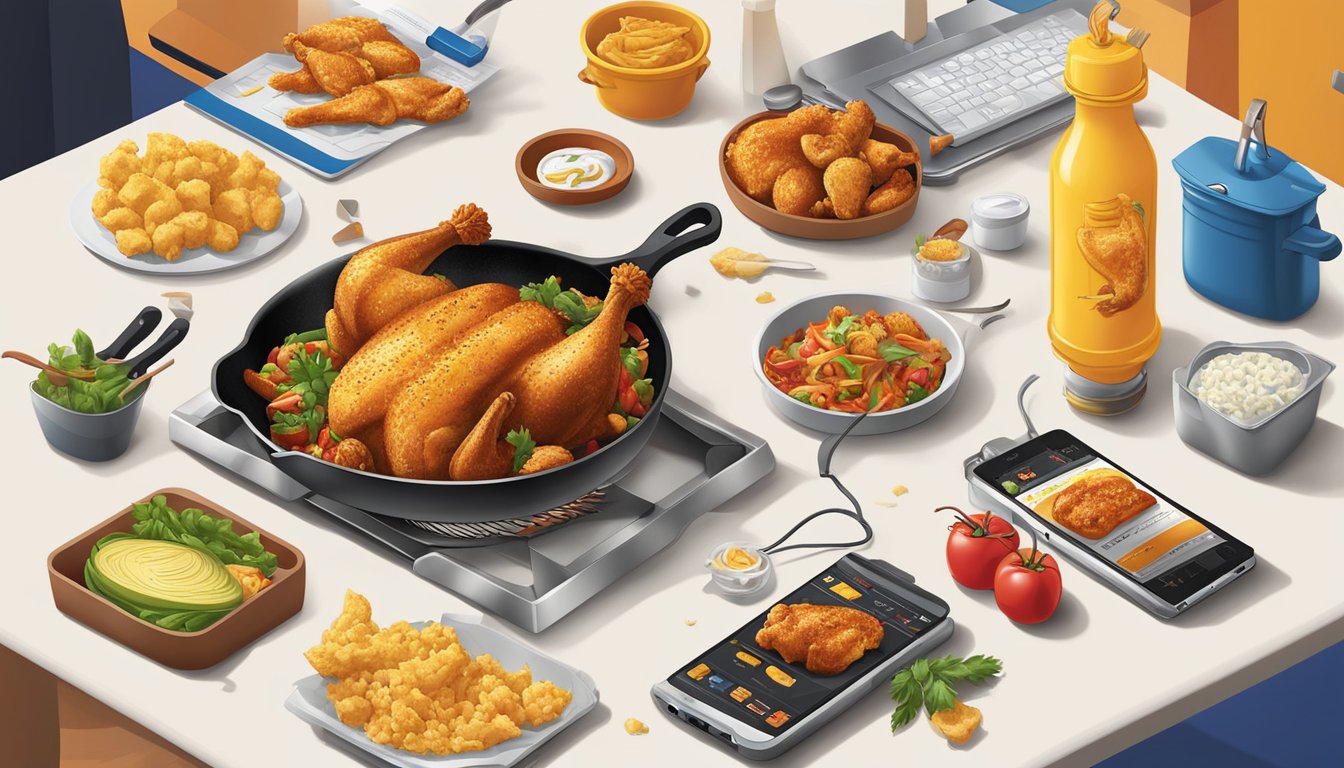 A sizzling skillet of spicy chicken surrounded by innovative gadgets and tools, symbolizing the five innovations that transformed Church's Texas Chicken forever