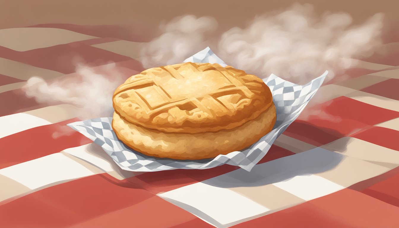 A golden-brown, flaky biscuit surrounded by a halo of steam, resting on a checkered red and white paper wrapper