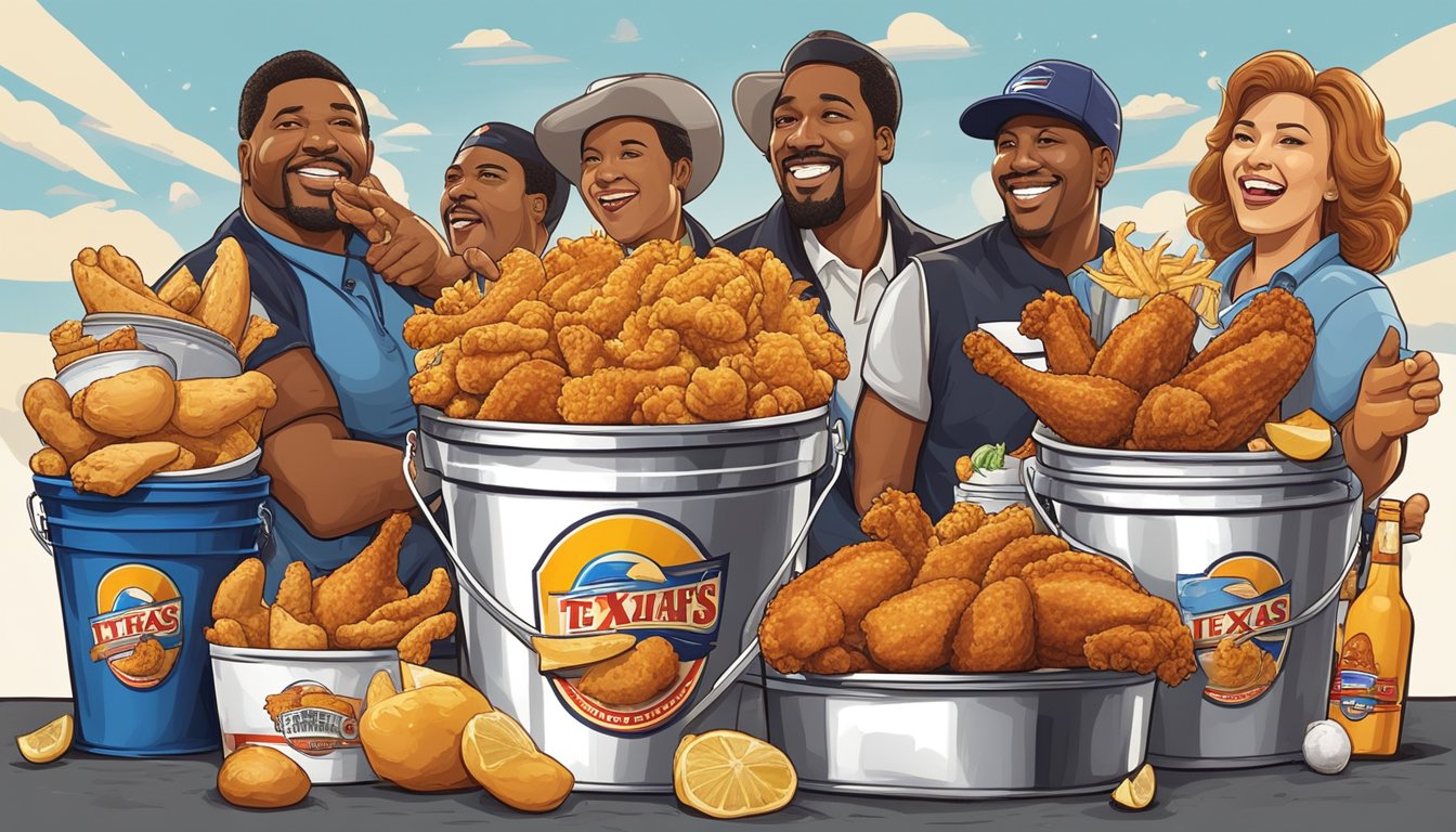 A group of eight recognizable symbols or icons representing different celebrities are surrounding a bucket of Church's Texas Chicken, expressing their support and admiration