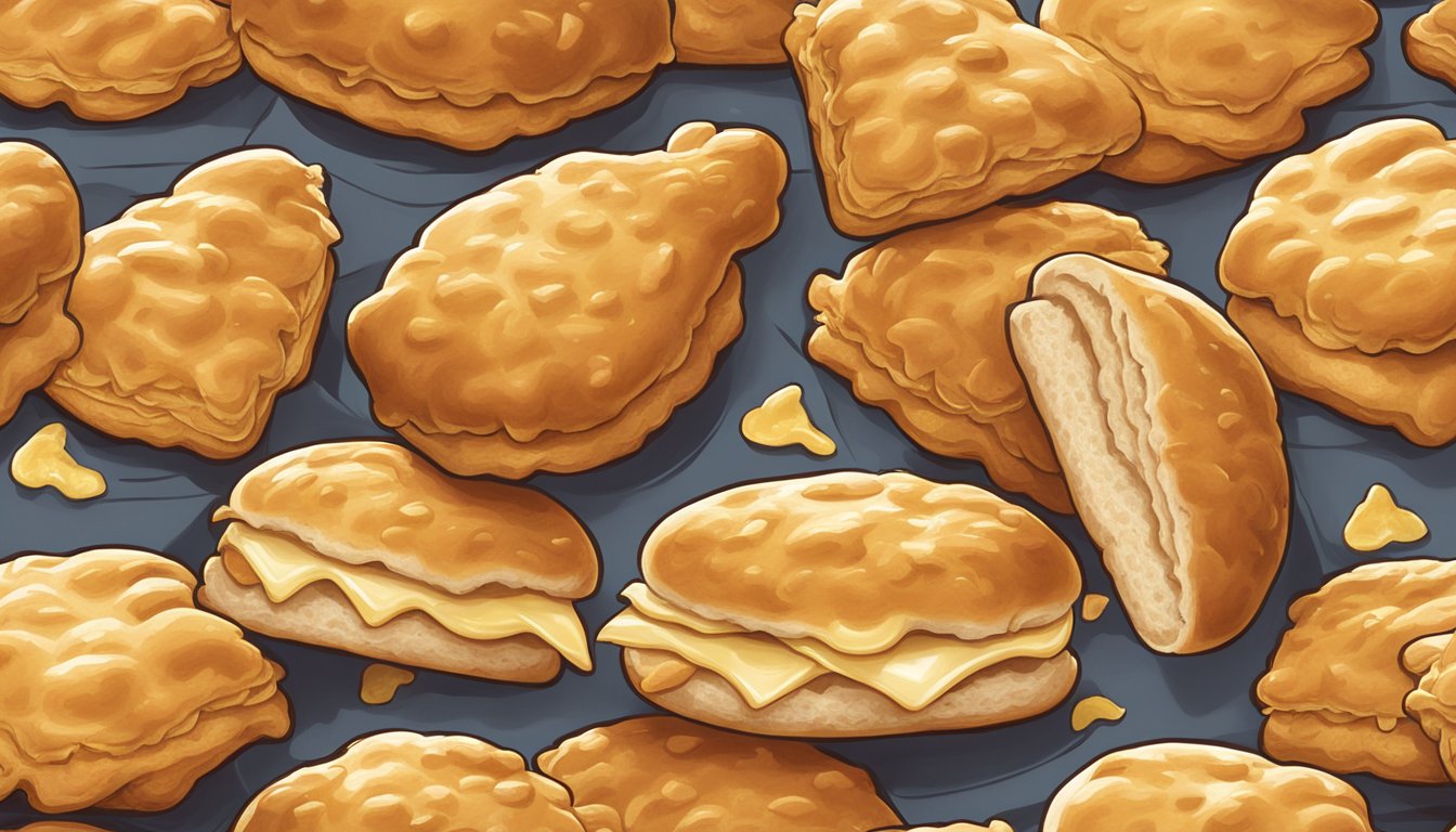 A close-up of a freshly baked batch of Church's Texas Chicken's biscuits, showing their golden-brown, flaky exterior and soft, fluffy interior