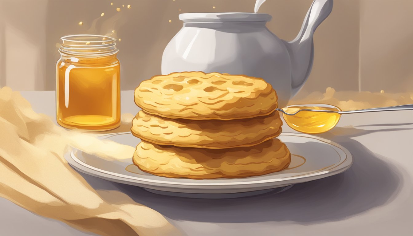 A golden, flaky biscuit sits atop a plate, steam rising from its tender interior. A jar of honey glistens nearby, ready to be drizzled over the warm, buttery treat