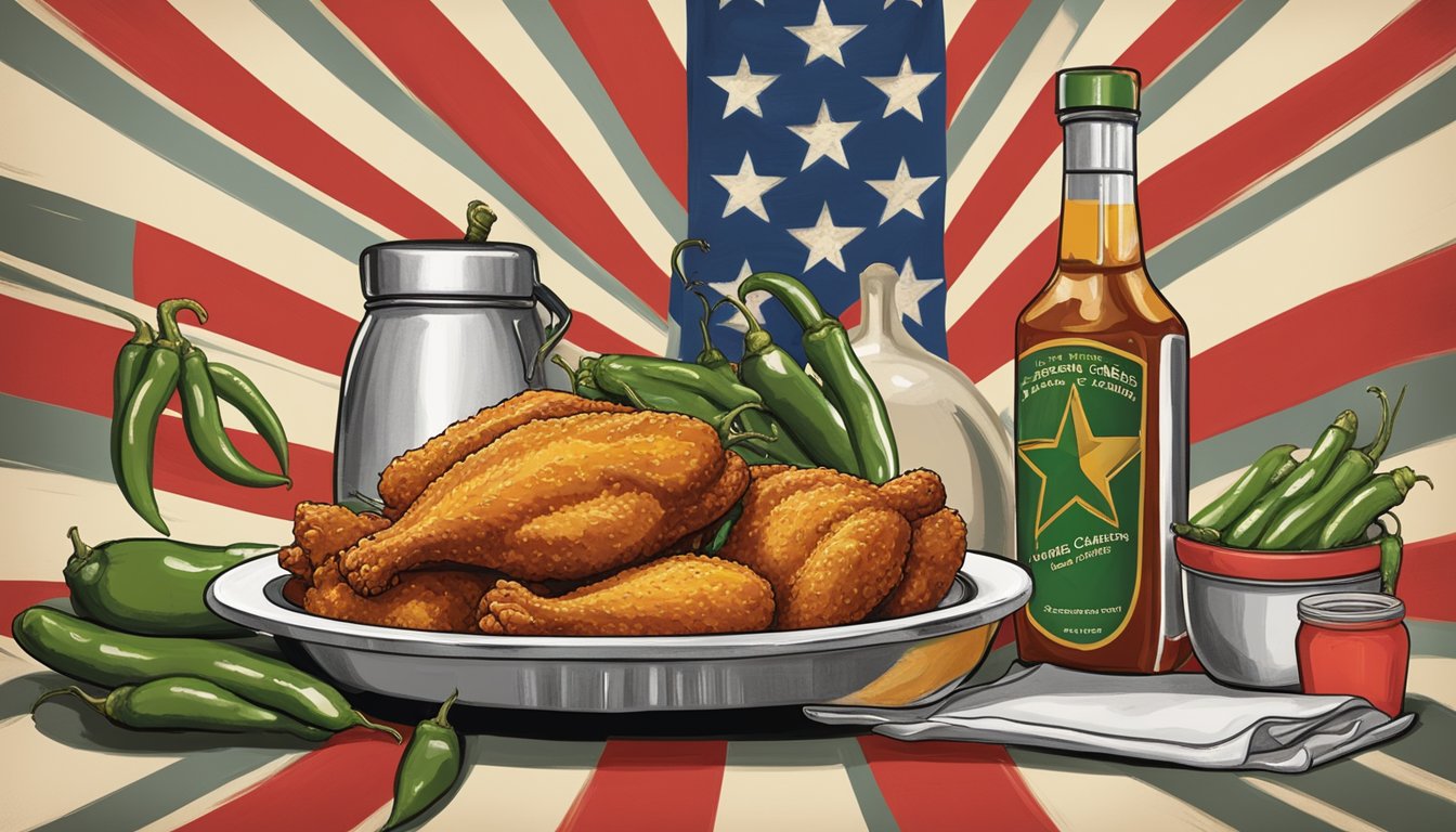 A sizzling plate of Church's Texas Chicken surrounded by jalapeño peppers, with a bomb-shaped hot sauce bottle and a vintage Texas flag in the background