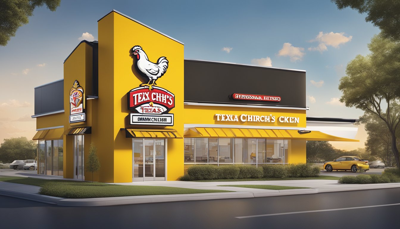 A timeline of Church's Texas Chicken branding innovations displayed in a modern, sleek setting with bold colors and clean lines