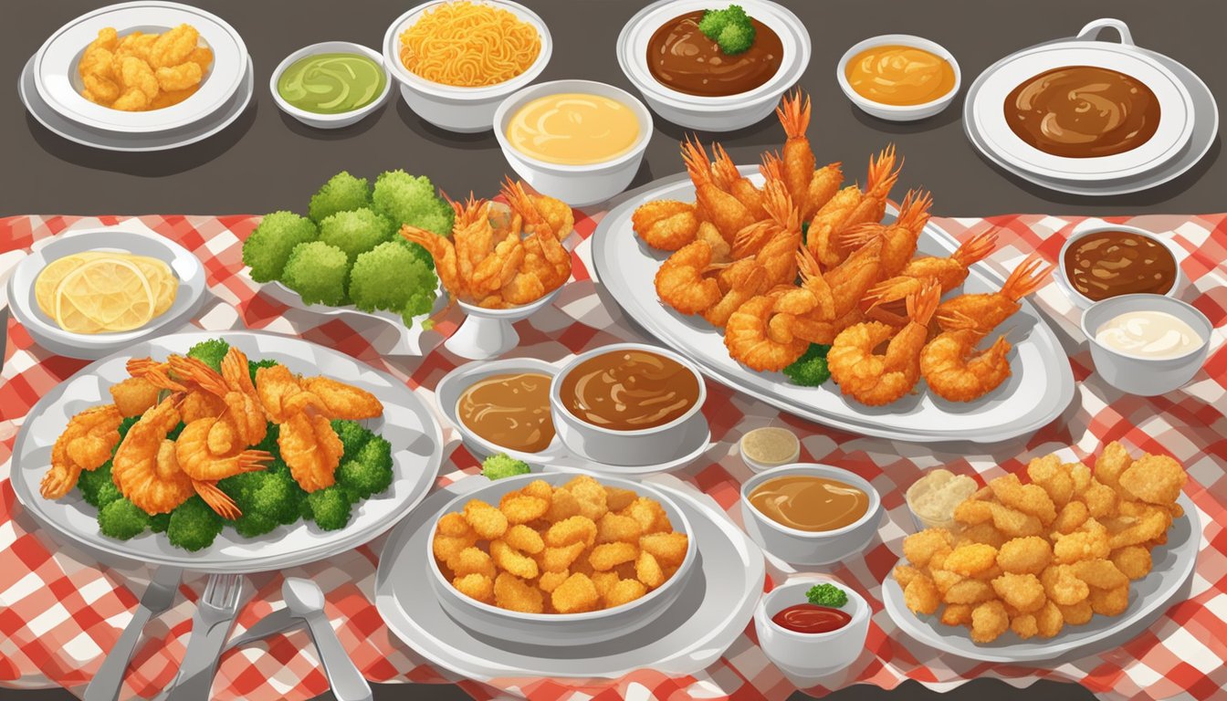 A platter with golden fried shrimp and tender chicken pieces, surrounded by a variety of sides and sauces, presented on a checkered tablecloth