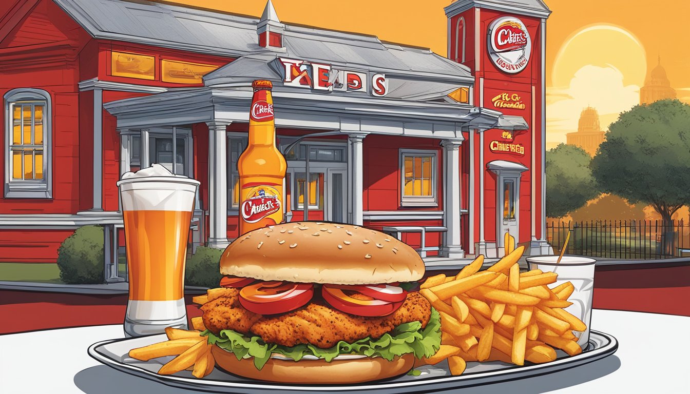 A mouth-watering spicy chicken sandwich combo with fries and a drink on a tray, surrounded by the iconic red and white branding of Church's Texas Chicken