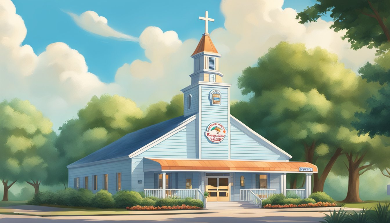 A cozy, southern-style church with a large, inviting sign for Church's Texas Chicken, surrounded by lush greenery and a clear blue sky