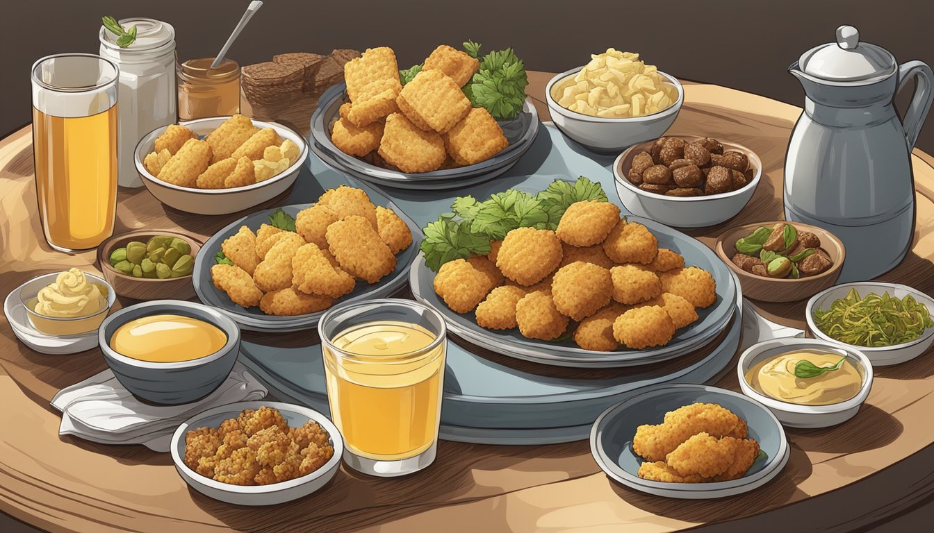 A plate of golden-brown honey-butter biscuit tenders surrounded by a variety of savory sides and a drink, all neatly arranged on a tray