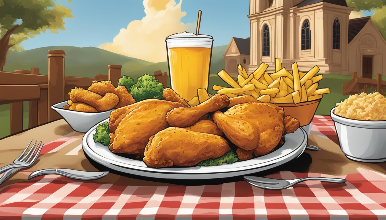 A table set with a 4-piece classic chicken combo and sides, with the Church's Texas Chicken logo displayed prominently