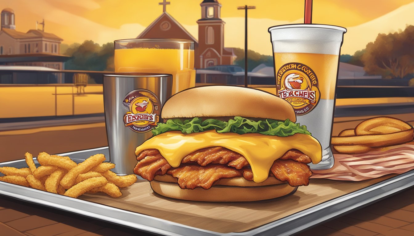 A sizzling bacon and cheese chicken sandwich, served with a side and drink, showcased on a tray with the Church's Texas Chicken logo