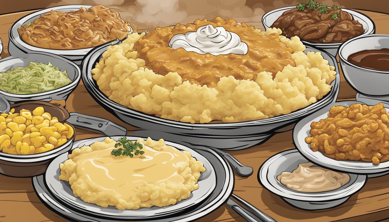 A steaming plate of loaded mashed potatoes with gravy surrounded by 10 different customizable toppings and mix-ins at Church's Texas Chicken