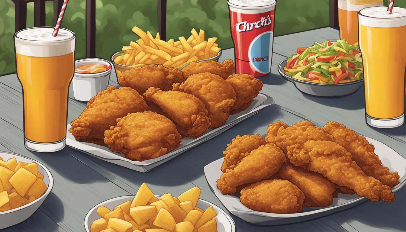 A table with 10 Church's Texas Chicken combos under $10 displayed with various sides and drinks