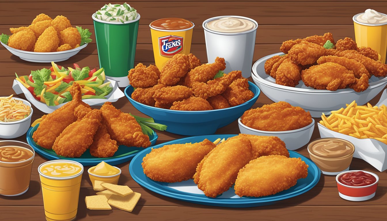 A colorful display of 10 different Church's Texas Chicken combos, each served with a variety of sides and drinks, arranged on a vibrant background