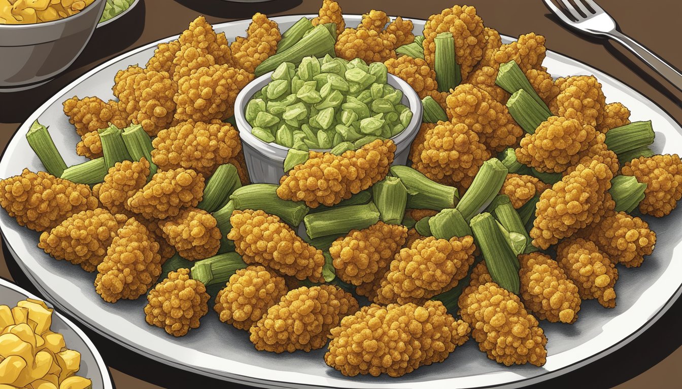 A plate of golden fried okra surrounded by various customizable options at a Church's Texas Chicken restaurant