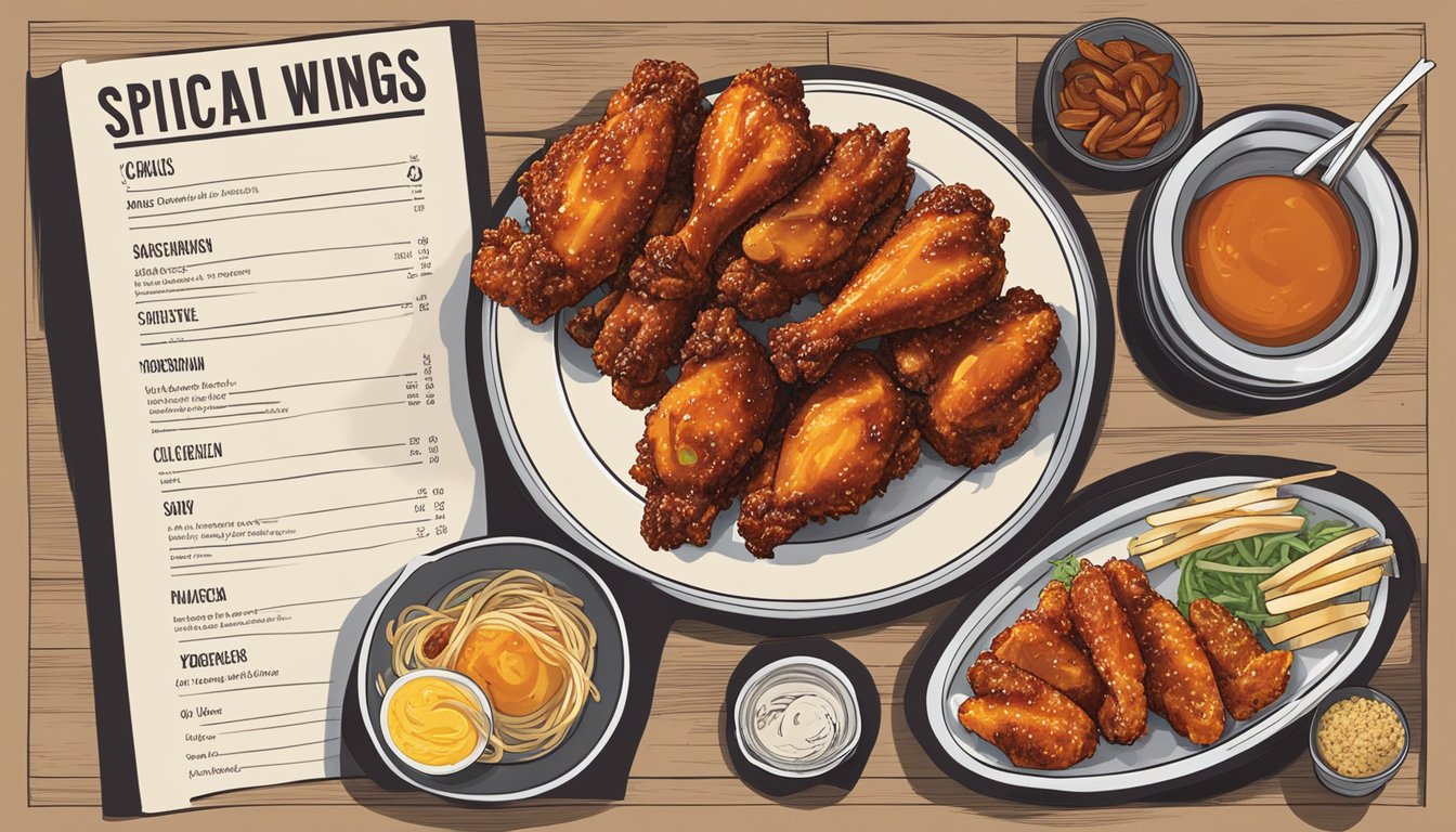 A plate of spicy Korean BBQ wings next to a menu featuring 6 Church's Texas Chicken items only found abroad