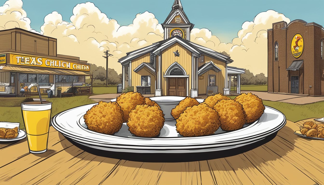 A plate of golden, crispy Boudin Bites surrounded by nostalgic Church's Texas Chicken packaging and memorabilia