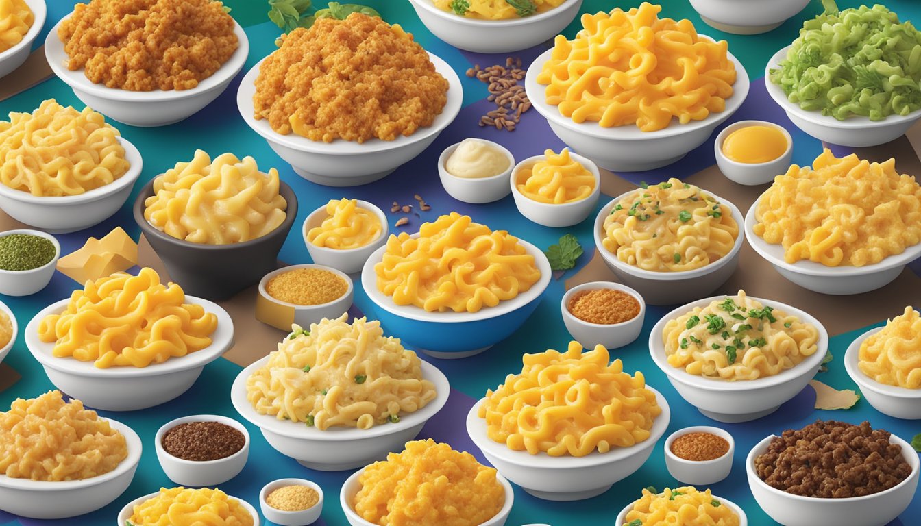 A colorful array of 10 different variations of zesty mac & cheese, each with unique toppings and seasonings, displayed on a table at Church's Texas Chicken