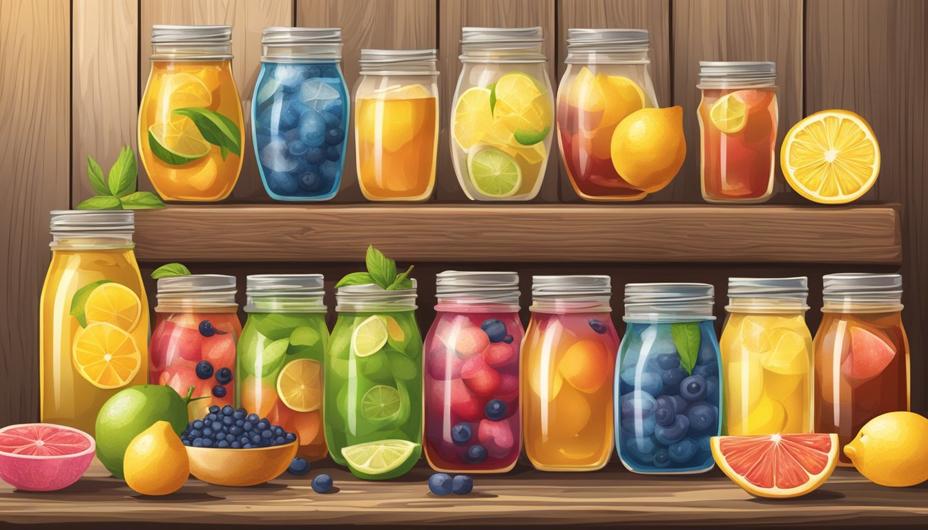 A colorful array of sweet tea and lemonade mix options displayed on a rustic wooden counter, with various fruits and flavorings nearby for customization