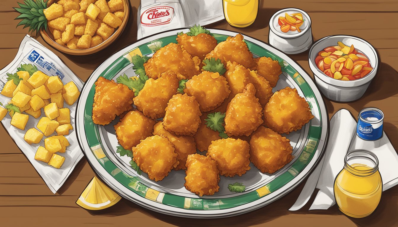 A plate of sweet and sour pineapple chicken bites surrounded by Church's Texas Chicken menu items from abroad