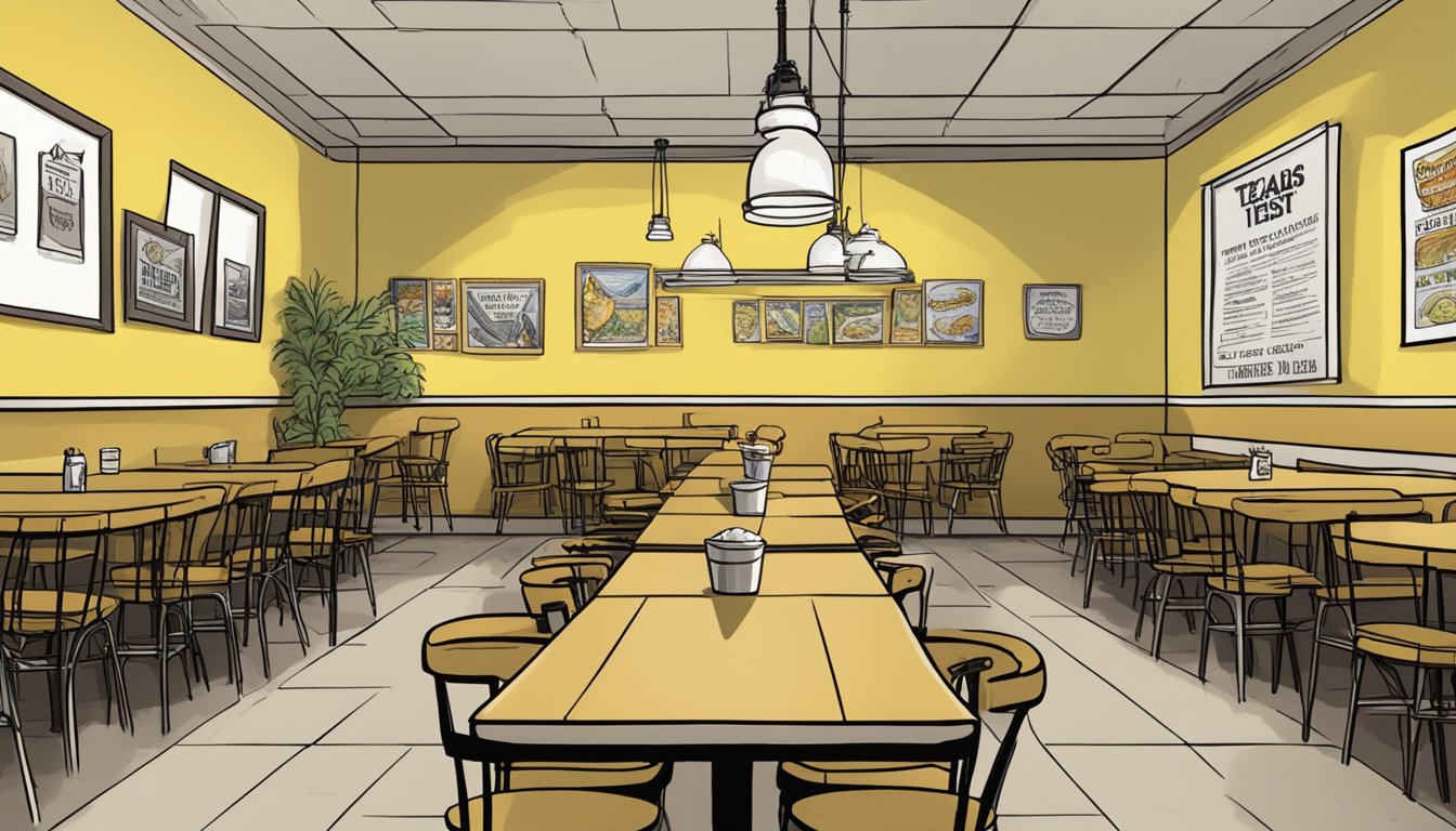 A plate of lemon pepper bone-in wings sits on a table, surrounded by empty chairs. A sign on the wall reads "Discontinued Church's Texas Chicken Items Fans Miss."