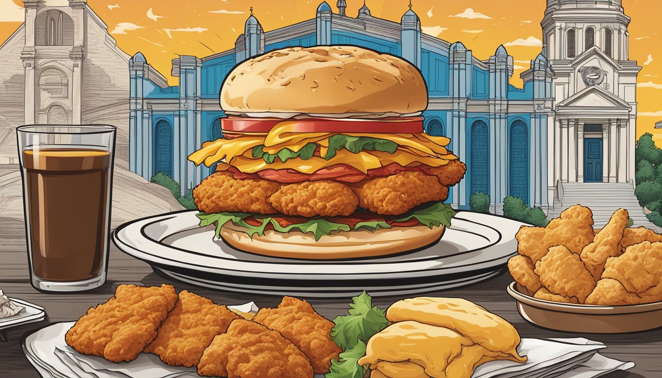 A maple bacon biscuit sandwich surrounded by Church's Texas Chicken menu items, set against a backdrop of foreign landmarks and symbols