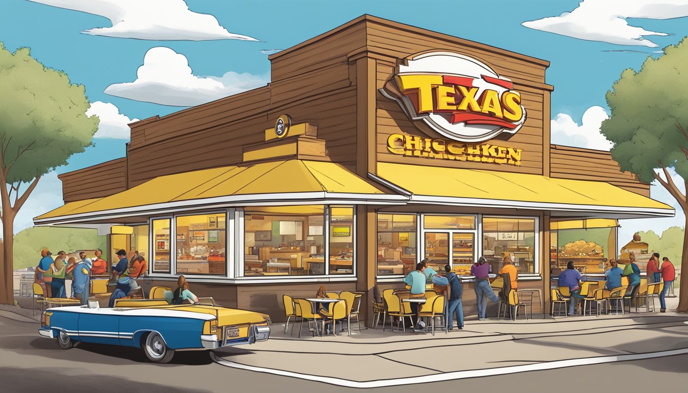 A bustling Church's Texas Chicken restaurant with a display of iconic discontinued menu items, surrounded by nostalgic fans reminiscing about their favorite dishes