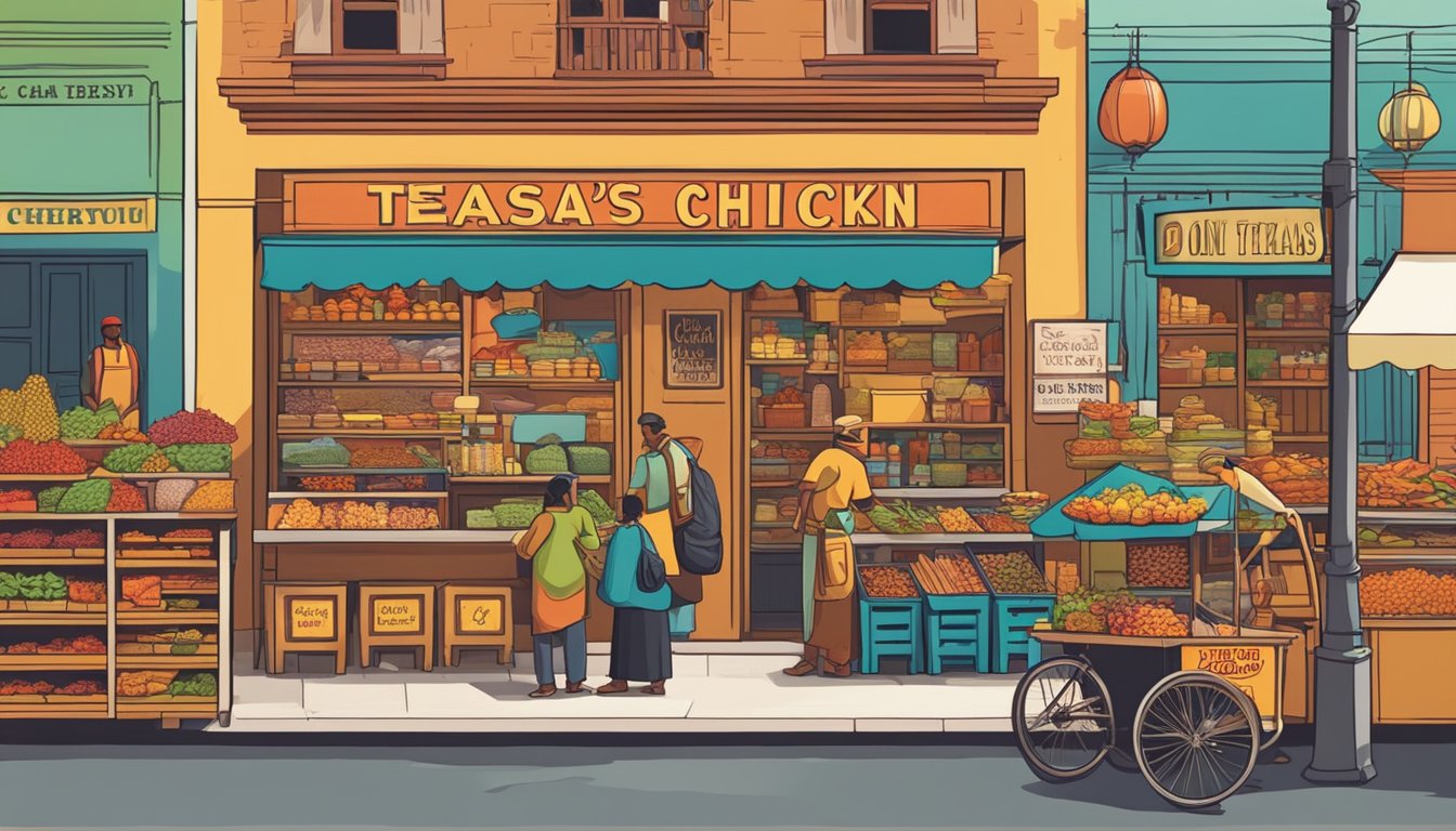 A colorful, bustling marketplace with vendors selling exotic spices, local produce, and traditional cooking utensils. A sign advertises "Church's Texas Chicken Menu Items You Can Only Find Abroad" in bold letters