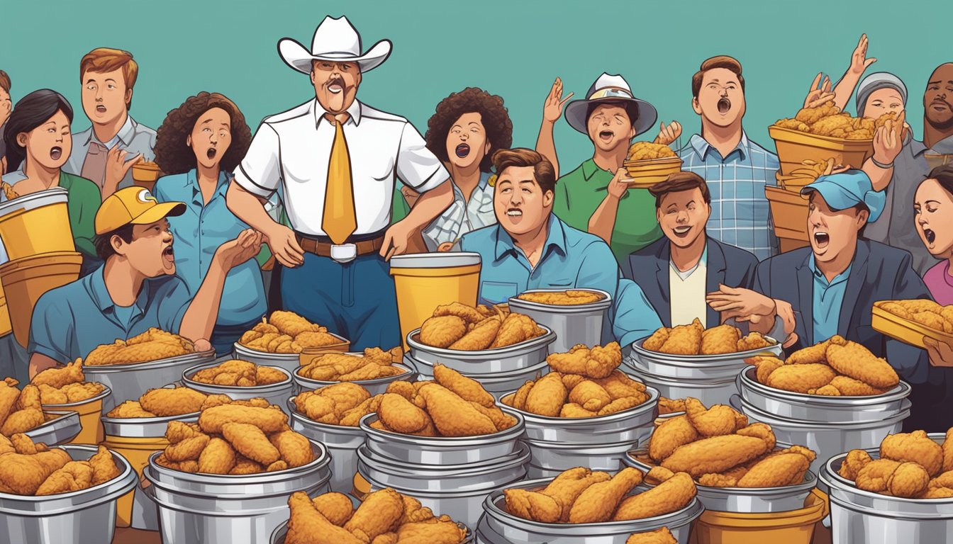 A table piled with empty Church's Texas Chicken containers, surrounded by disappointed customers gesturing and expressing frustration