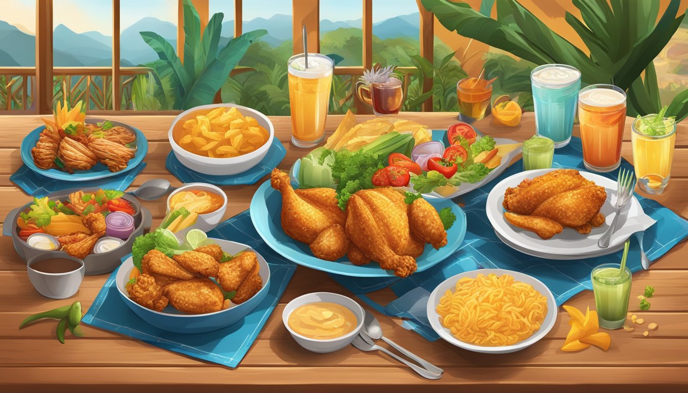 A colorful table setting with a variety of unique Texas Chicken menu items from different countries, surrounded by vibrant decor and exotic scenery