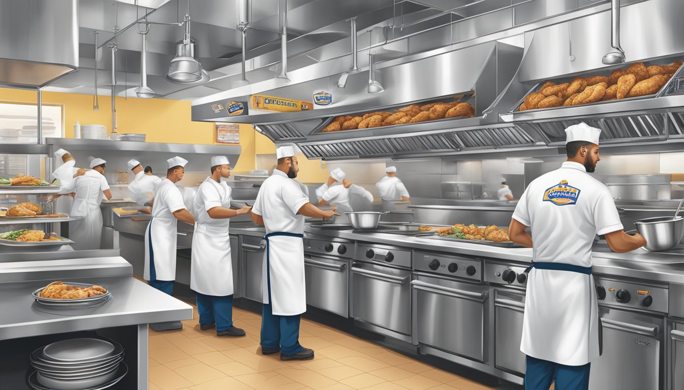 A bustling restaurant kitchen with chefs using biodegradable packaging for takeout orders. Eco-friendly signage adorns the walls, showcasing Church's Texas Chicken's commitment to sustainability