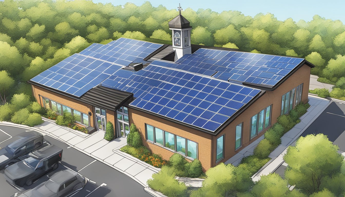 Solar panels installed on rooftops of Church's Texas Chicken locations, surrounded by greenery and clear blue skies