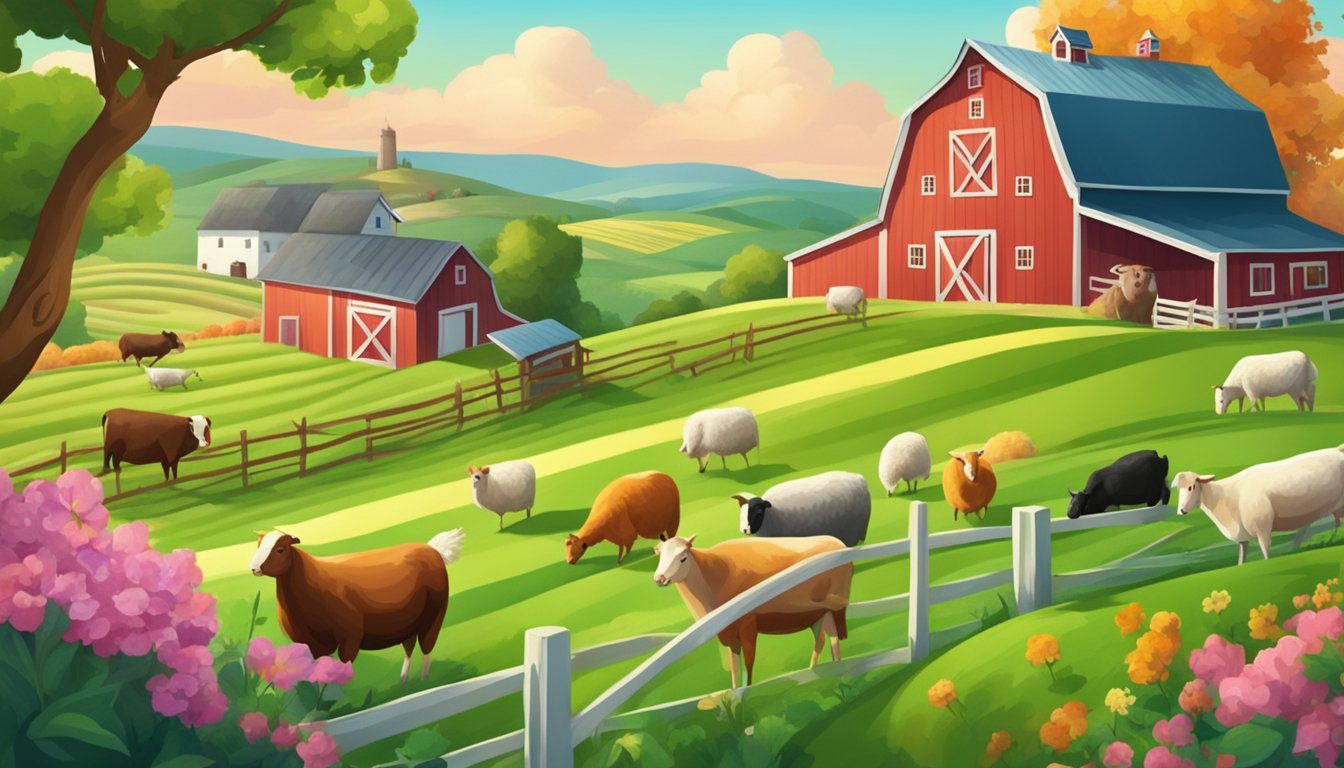 A picturesque farm landscape with rolling hills, green fields, and a quaint farmhouse, surrounded by blooming organic crops and happy farm animals