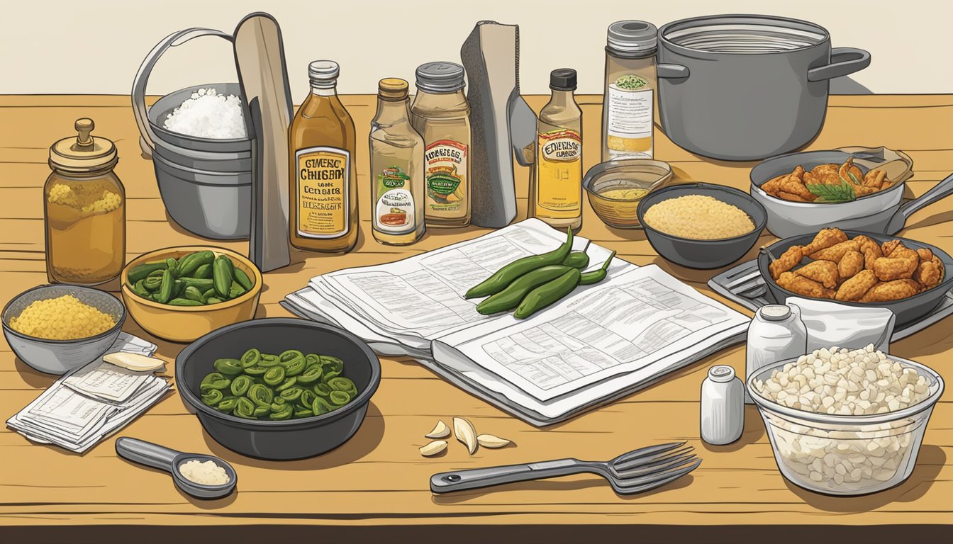 A kitchen counter with various ingredients and cooking utensils laid out, including jalapeños, chicken, and recipe cards for Church's Texas Chicken