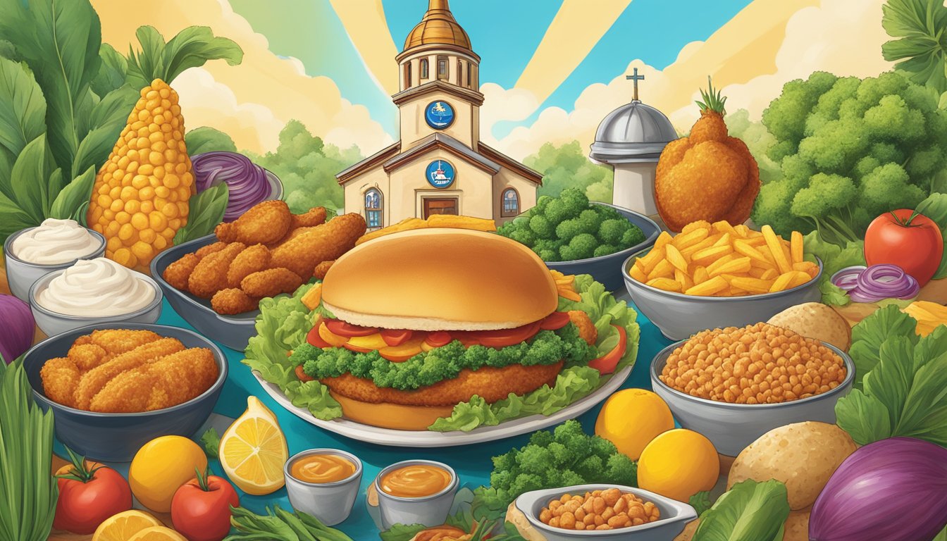 A vibrant plant-based dish surrounded by eco-friendly symbols and elements, with the Church's Texas Chicken logo prominently displayed