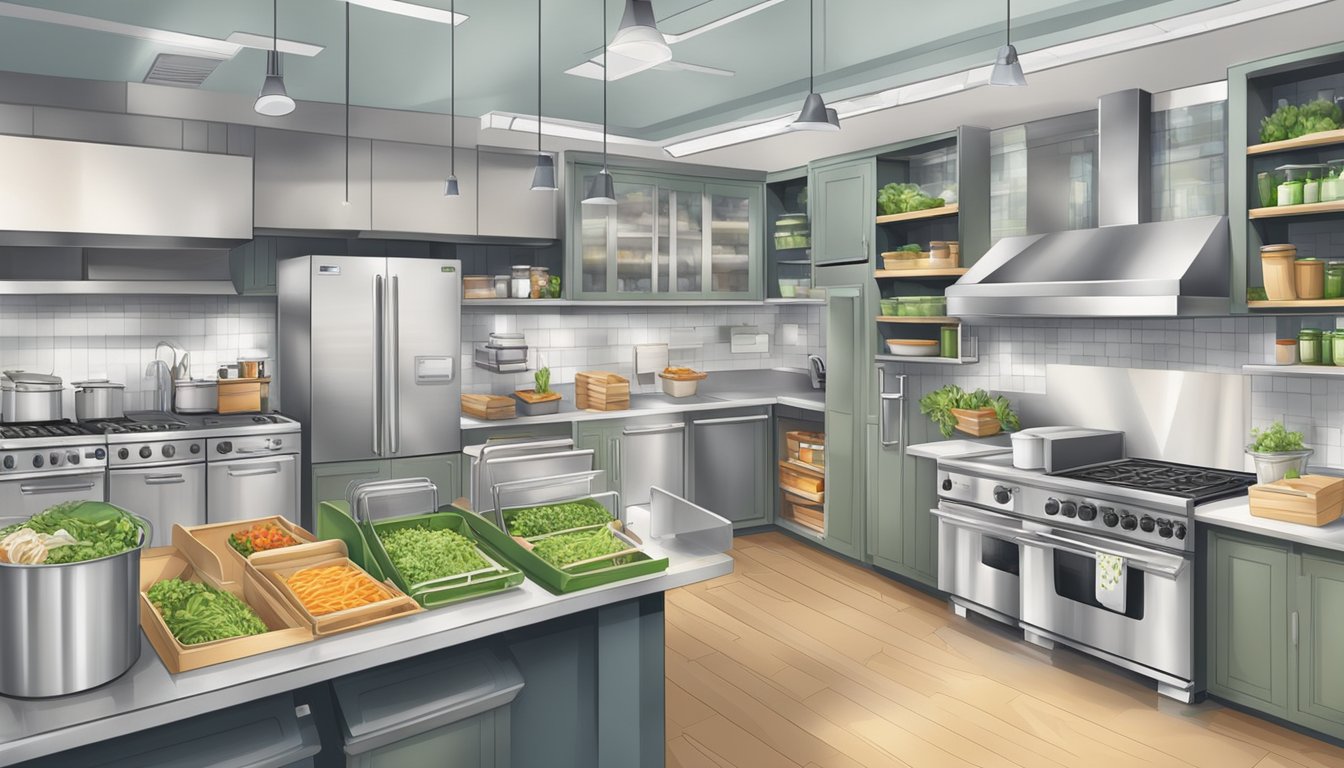 A bustling kitchen with efficient waste sorting, energy-saving appliances, and composting bins. Eco-friendly packaging and reusable containers are used for takeout orders