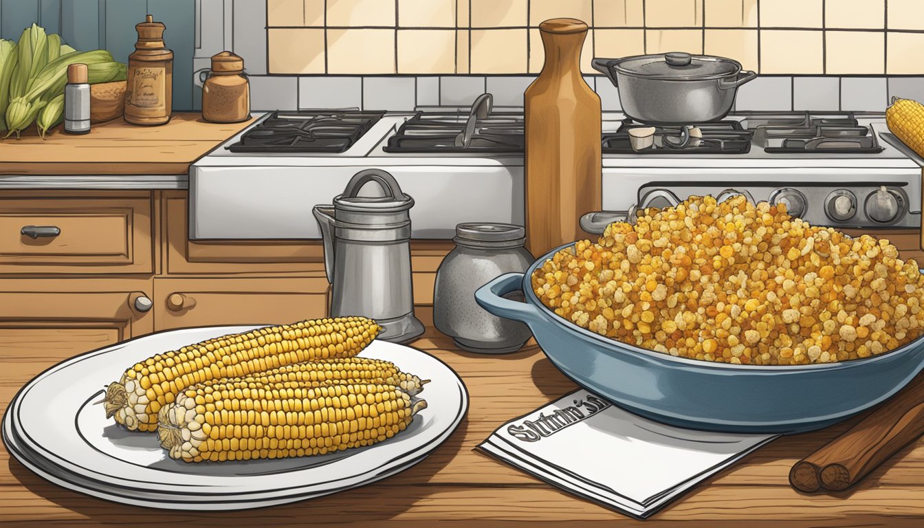 A rustic kitchen counter with fresh corn, spices, and a recipe book open to "Southern Style Corn" next to a plate of Church's Texas Chicken