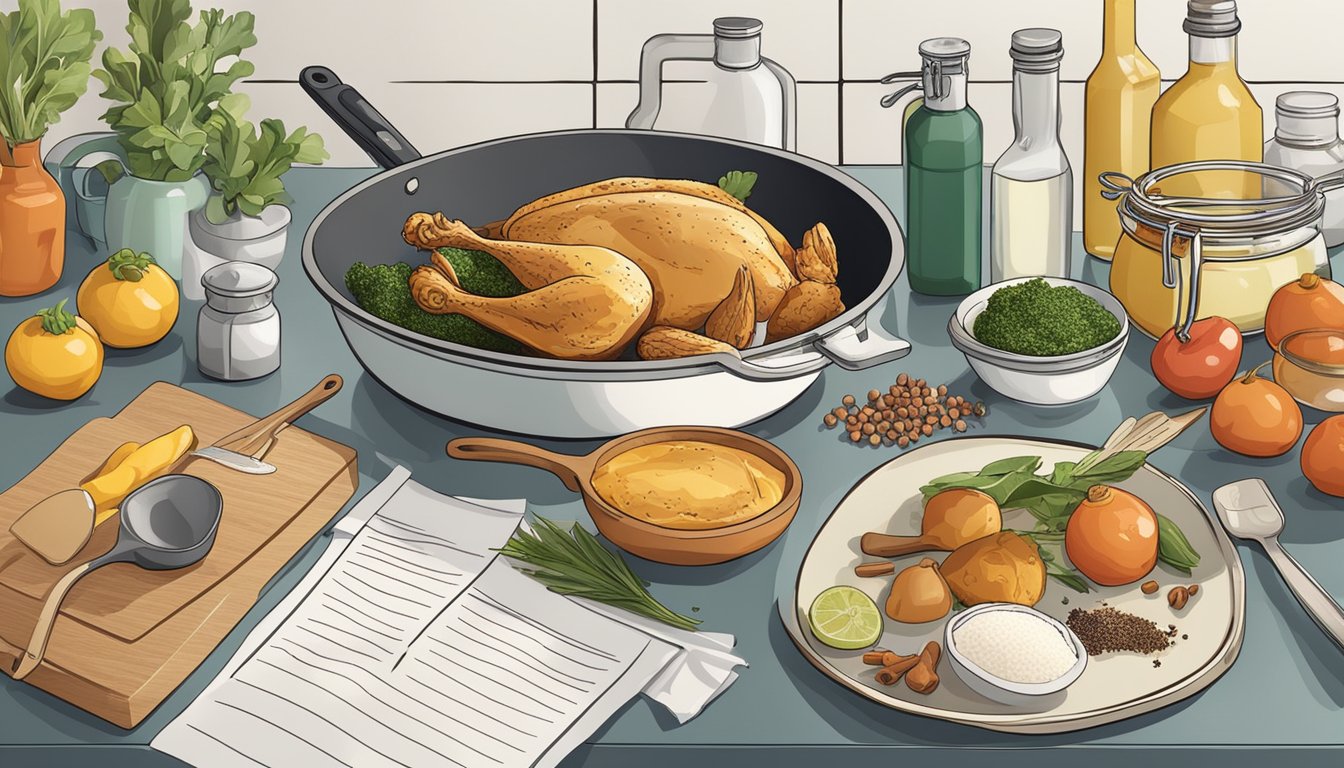 A kitchen counter with various ingredients and cooking utensils laid out, including chicken, spices, and recipe cards