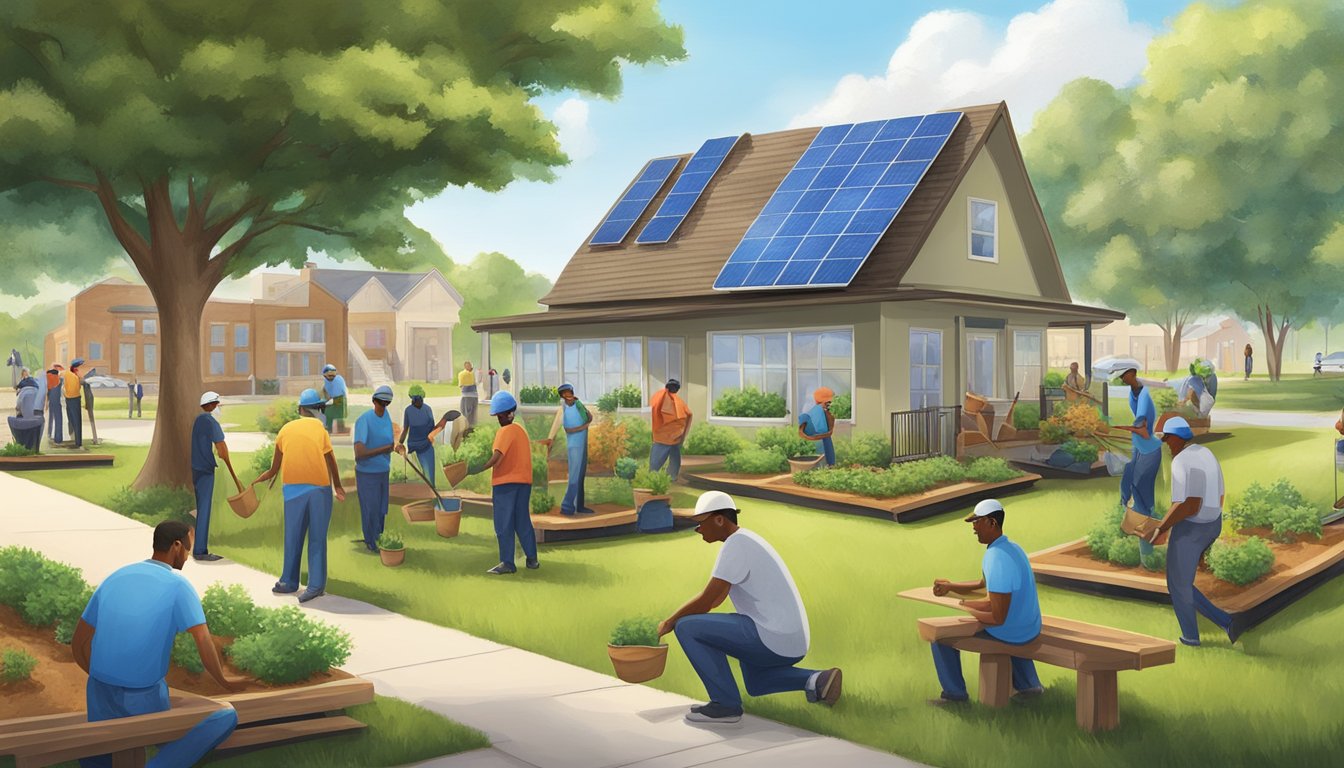 A group of people from the community and Church's Texas Chicken are working together to plant trees, clean up a local park, and install solar panels on buildings