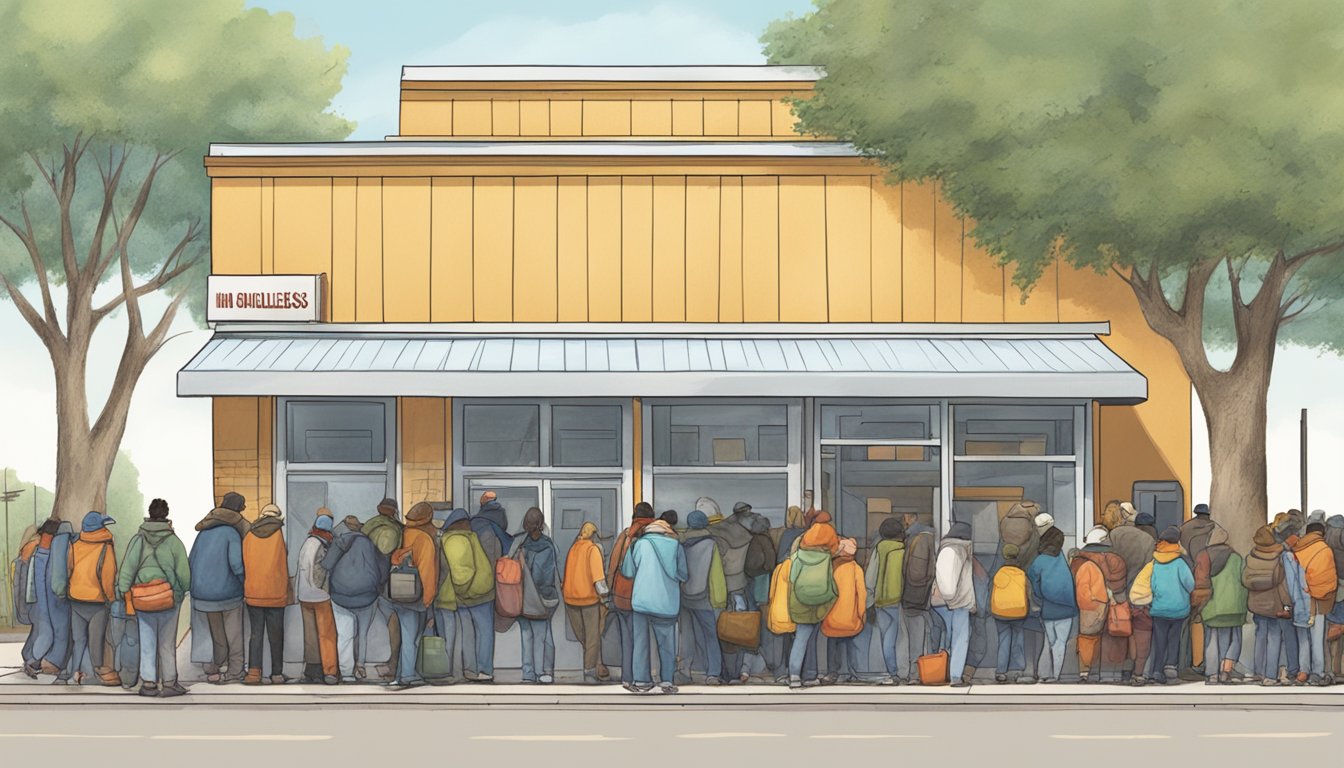 A bustling homeless shelter with a line of people outside, as a Texas Chicken truck pulls up to donate meals