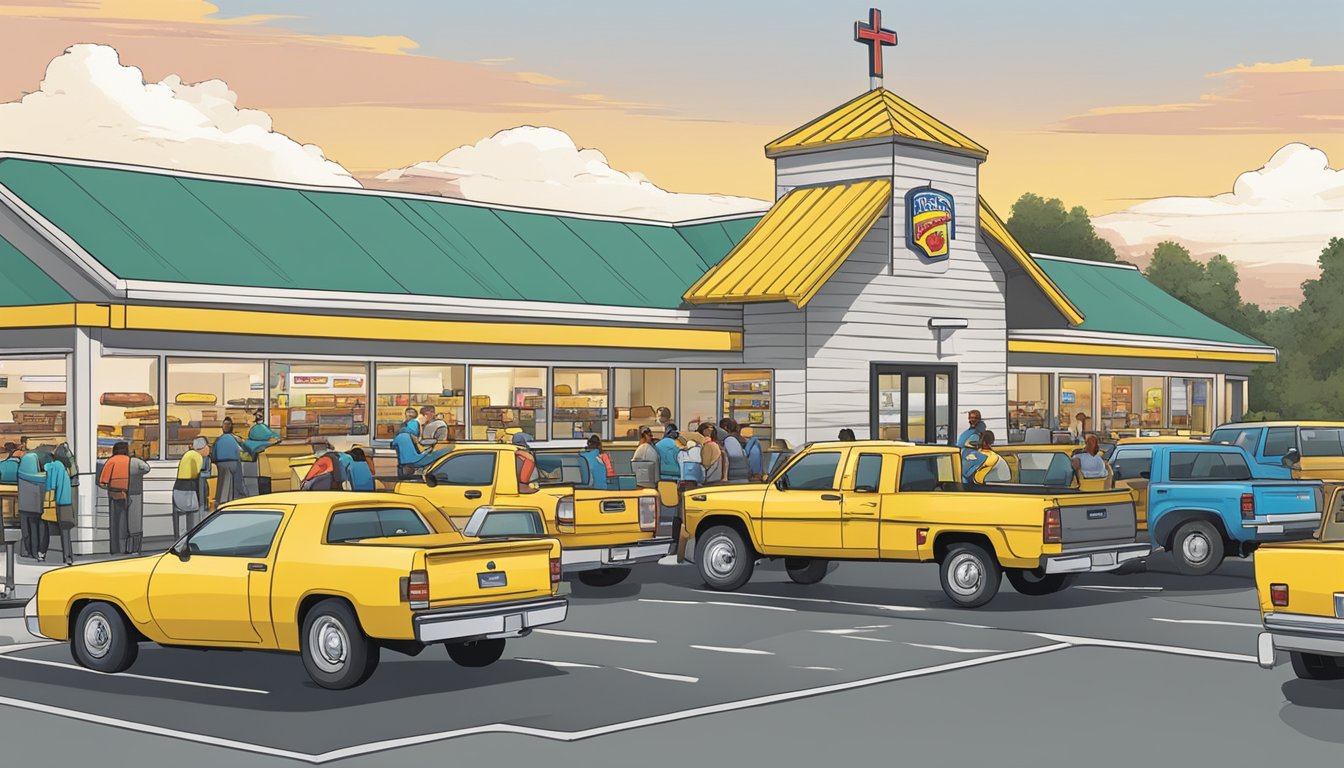 A busy drive-thru at Church's Texas Chicken, with cars lined up orderly, efficient staff taking orders, and a well-organized layout