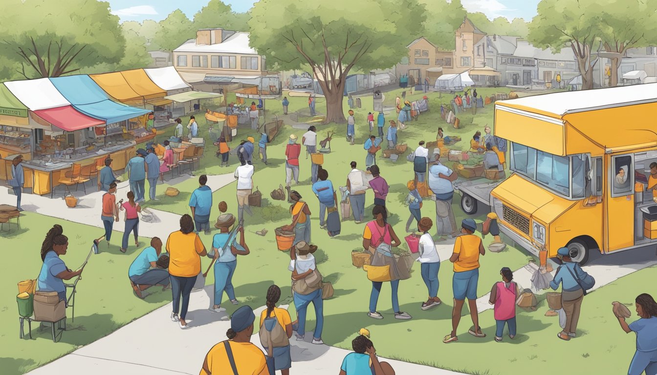 A bustling community gathering with volunteers cleaning up a park, while a Texas Chicken food truck serves free meals to participants