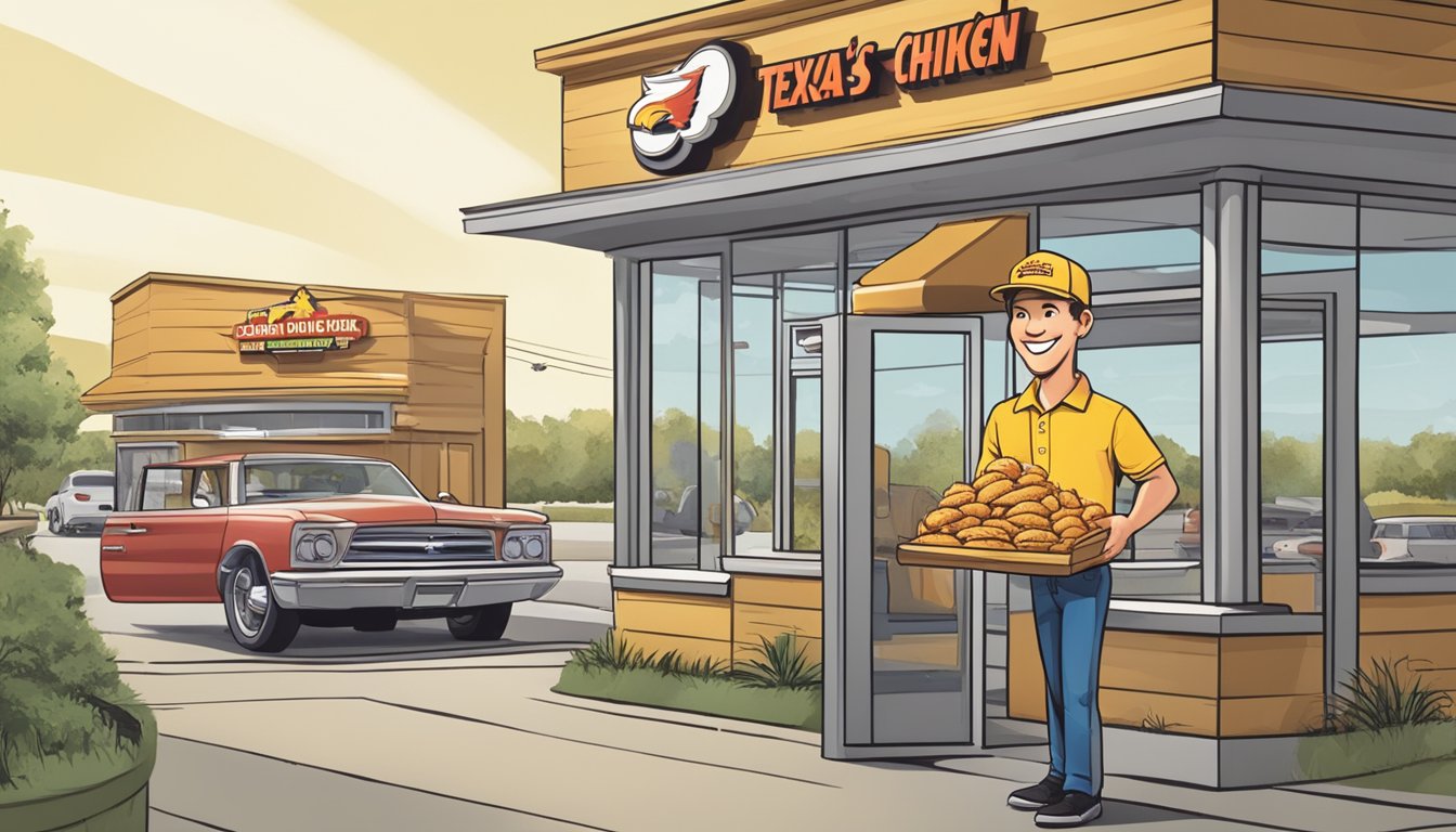 A smiling staff member hands out orders with quick, efficient service at the Church's Texas Chicken drive-thru