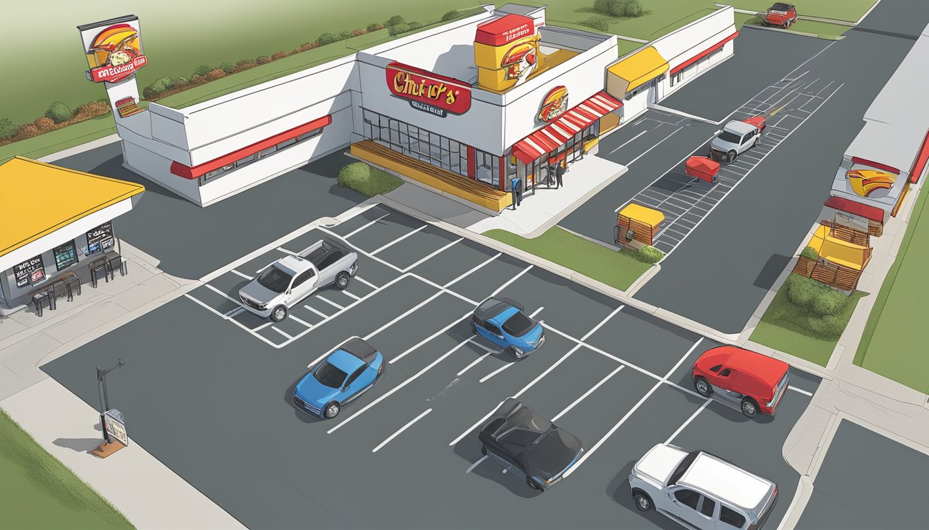 Vehicles smoothly navigate through designated lanes at Church's Texas Chicken drive-thru. Clear signage and well-organized layout contribute to efficient traffic flow